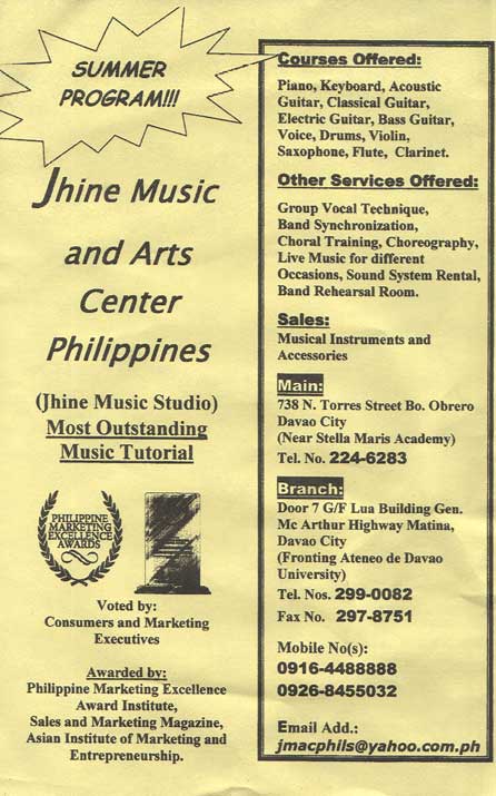 Jhine Music and Arts center Philippines: COURSES OFFERED: piano, keyboard, acoustic guitar, classical guitar, electric guitar, drums, violiun, voice, flute