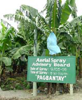 A sign in a Lapanday plantation warns people about aerial spraying.