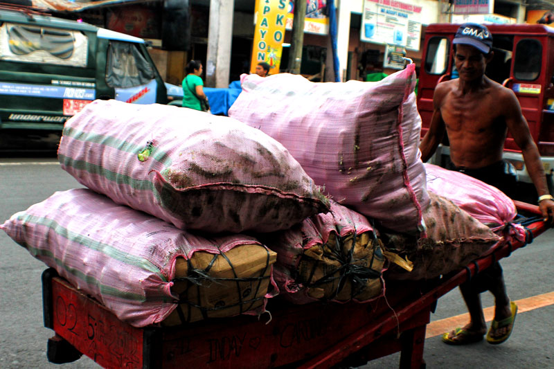 PUSH.  Porters in Davao City’s public markets are paid as low as PHP 15 for every 100 Kilos of goods to transport.  (davaotoday.com photo by Ace R. Morandante)