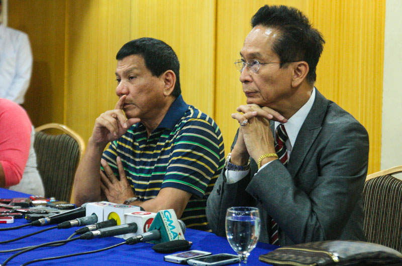 Davao City Mayor Rody Duterte tells reporters that Thursday’s police operation that killed three suspected kidnappers was a legitimate, proper and even moral action.  Beside him is Manila-based lawyer Salvador Panelo, counsel for the Davao City Police (davaotoday.com photo by Ace Morandante)