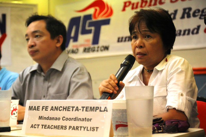 TEACHERS PUSH REFORMS FOR EDUCATION Alliance of Concerned Teachers (ACT) Partylist Representative Antonio Tinio (left) and ACT Mindanao coordinator Prof. Mae Templa bat for legislative reforms for the public school sector including salary upgrade, regularization of contractual teachers and increase in allocation education from the national budget (davaotoday.com photo by Ace R. Morandante)