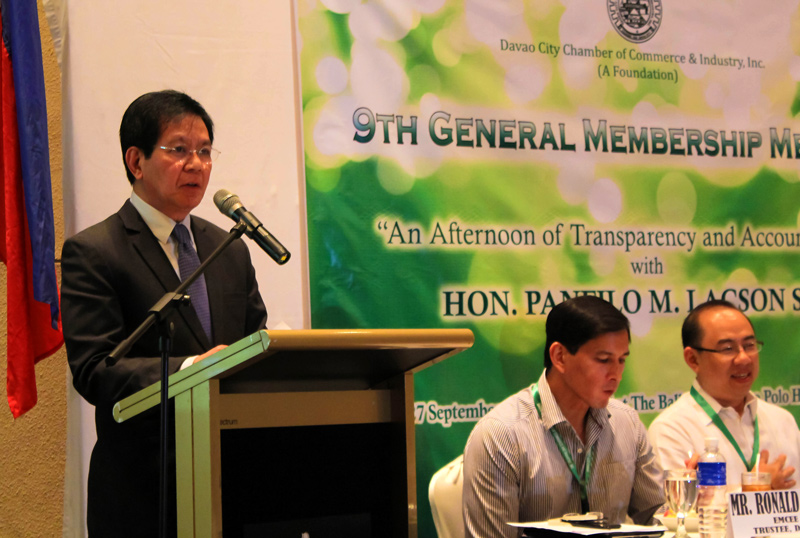 Former Senator Panfilo Lacson gave the keynote address during Friday’s Davao City Chamber of Commerce General Members Meeting held in Marco Polo Hotel.  Lacson said on the corruption in Congress and other government branches, “the antidote to the moral decay is we, the Filipino people. The formula is the people’s vigilance on government’s complacency. (davaotoday.com photo by Ace R. Morandante)