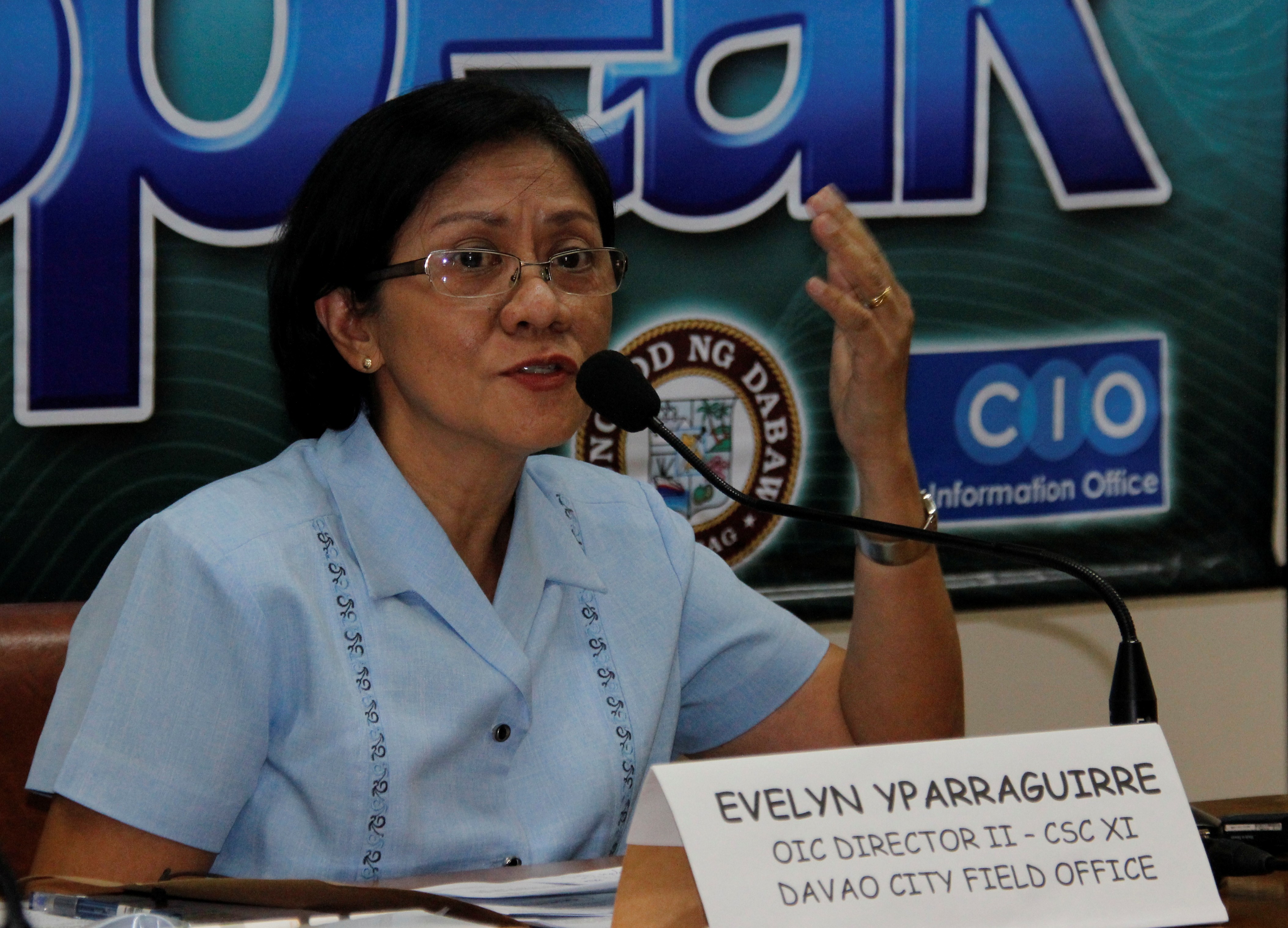 OIC Director of CSC Davao City Field Office Evelyn B. Yparraguirre announces during Thursday’s I-Speak forum the coming October 2013 Civil Service Exams is open for all those who plan to seek employment in government office. (davaotoday.com photo by Medel V. Hernani)