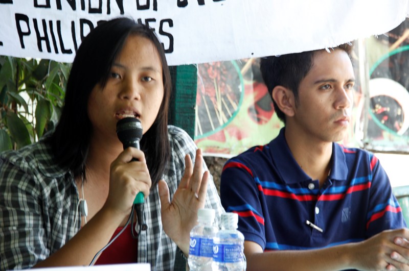 UP Mindanao Student Government President Malaya Genotiva announces the formation of Youth Act Now, a youth alliance calling for the scrapping of the pork barrel and re-channeling the fund to state colleges and universities.  At right is Kabataan Partylist regional coordinator Rendell Ryan Cagula. (davaotoday.com photo by Medel V. Hernani)