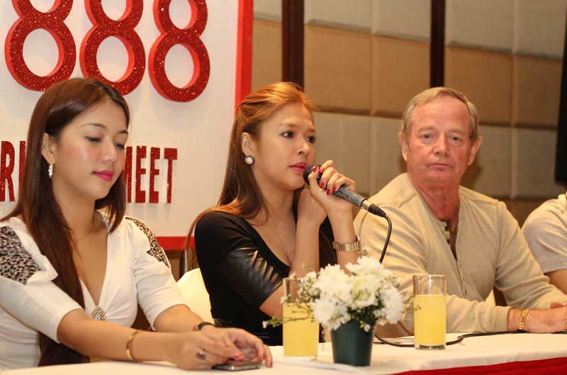 DAVAO FILM "SABINE" PRESSCON Cast of the Davao-filmed movie Sabine, (from left) China Roces, Bangs Garcia, and screenwriter Tom Anthony promote the movie’s screening this week at Gaisano Mall of Davao and Tagum during Wednesday's Club 888 Media Forum. The movie of an abused girl finding redemption would be released internationally in 2014. (davaotoday.com photo by Ace R. Morandante)