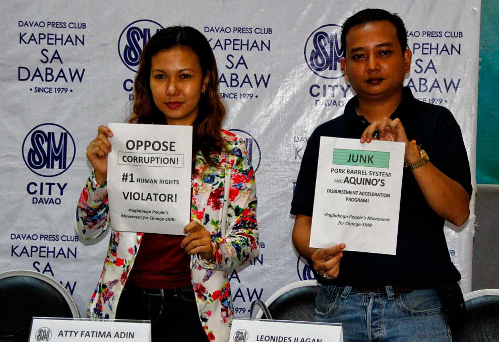 PEOPLE’S INITIATIVE LAUNCHED Lawyer Fatima Adin and Leonides Ilagan from Pagbabago People’s Movement for Social Change Southern Mindanao announce the signature campaign for a people’s initiative against corruption in government and political dynasties. The convenors vow to generate people’s support to the campaign for political and social reforms for effective and people-oriented governance. (davaotoday.com photo by Medel V. Hernani)  