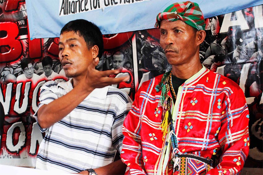 Tribal leader Lito Sampag (left) from Barangay Gupitan, Kapalong town, Davao del Norte discloses to the media the alleged military restriction on their movement, including their routine work in the farms, as the military renews counterinsurgency operations. A military-organized paramilitary among other tribesmen is being used to enforce the restriction on them in the villages of Kapatagan, Mankay, Taonatok, Aninipot and Ngan, all in Kapalong.