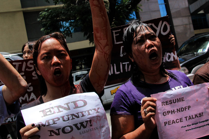 Bayan and Gabriela spokespersons, Sheena Duazo and Mae Ann Sapar, respectively, were poured with blood in the militant's version of Ice Bucket Challenge. The "blood session" was meant to urge the cessation of militarization and the resumption of peace negotiations between the Philippine Government and the National Democratic Front.