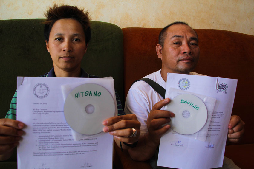 RDEU president Gina Hitagano and  KMU-Southern Mindanao chairman Romualdo Basilio present to the media their complaint to file a case against RMN broadcaster Erin Lumosbog and Joel Viray for attacking them on air violating the broadcast code of ethics.(Ace R. Morandante/davaotoday.com)