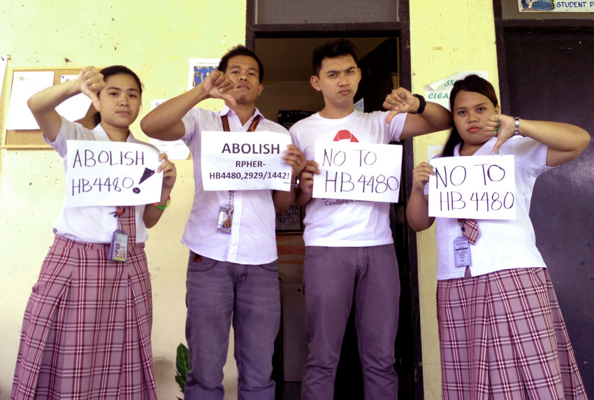 Students of the University of Southeastern Philippines (USEP)-Tagum show their opposition to House Bill 4480 which seeks to merge state colleges and universities (SUCs) in Davao del Norte. The bill was filed by Congressman Anthony del Rosario.