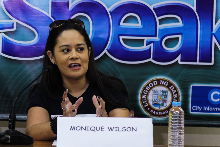 International artist Monique Wilson speaks on the Third Pace campaign on violence against women and children. The campaign, called Rise for Revolution, will be launched at the People's Park today at 3:00 pm. (Ace R. MOrandante/davaotoday.com)