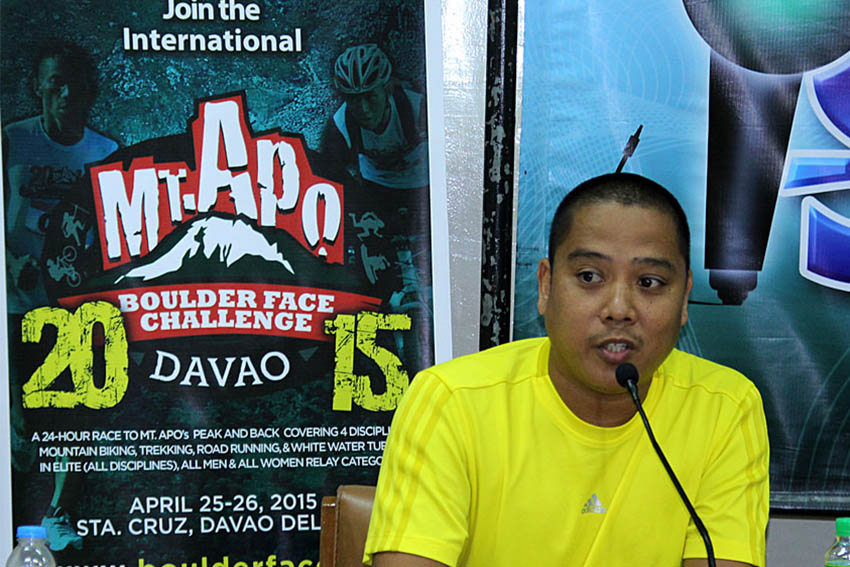 Sta. Cruz Tourism Officer Julius Paner announces the holding of the 2015 International Mount Apo Boulders Face Challenge, with 40 of the country's toughest racers already registered for the event. The department of Tourism has endorsed this event as one of the region's banner tourism events.(Ace R. Morandante/davaotoday.com)