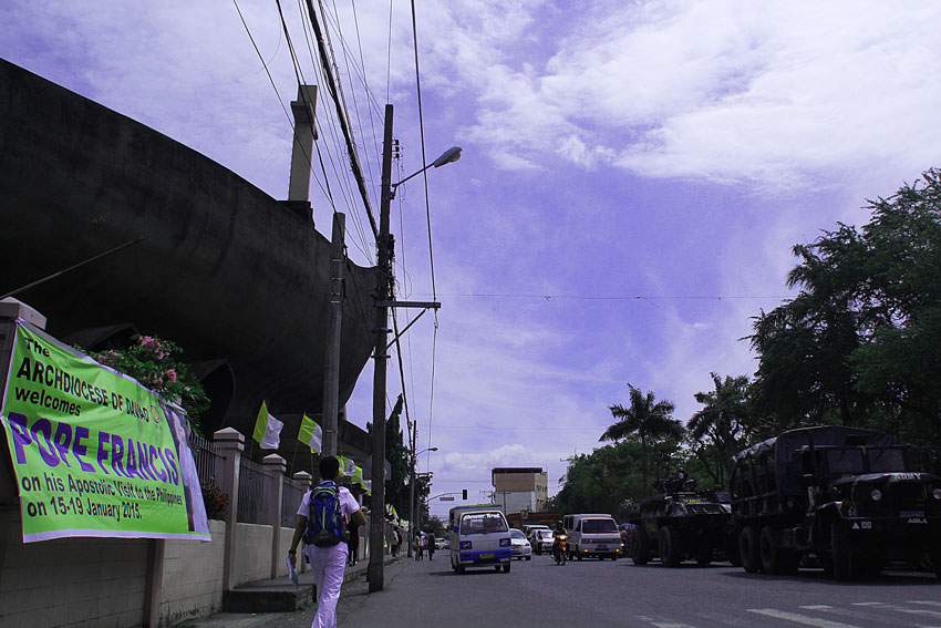 A GKN Simba (Armoured Personnel Carrier) and a 6x6 military truck are seen here parked in front of San Pedro Cathedral. A military officer said this is a part of the security measures implemented for the the papal visit. (Ace R. Morandante/davaotoday.com)