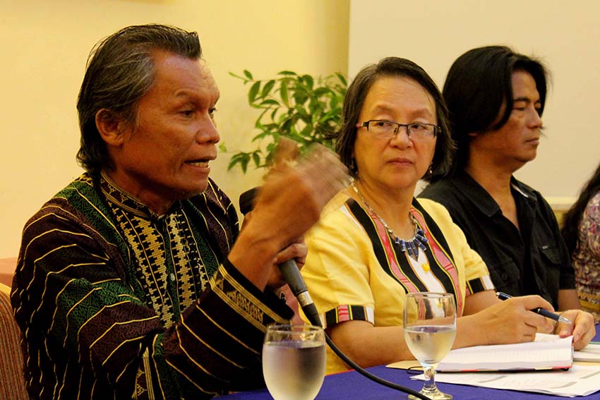 Timuay Alim Bandara from Teduray tribe and head petitioner against the delineation of "Ancestral Land" says the Bangsamoro Basic Law (BBL) has no clear policies on ancestral domain as UN Special Rapporteur on the Rights of Indigenous Peoples (UNSR) Victoria Tauli-Corpuz listens during a consultation Wednesday in Davao City. (Medel V. Hernani/davaotoday.com)