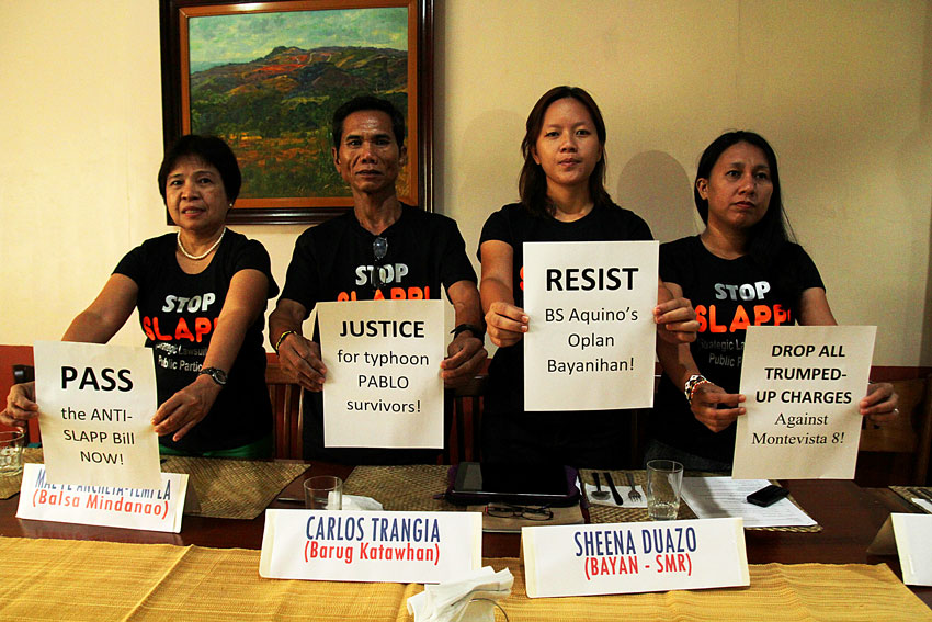 Davao activists launch the Anti-strategic Lawsuits Against Public Participation (SLAPP) Bill in congress and demand for its immediate passage. SLAPP is a legal action filed by corporations and public officials against an individual in an attempt to intimidate the latter in continuing their protests, oppositions, and criticisms against any initiative of the former that adversely affect public interest. (Ace R. Morandante/davaotoday.com)