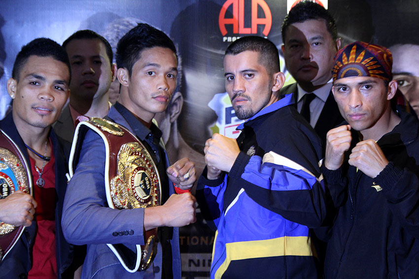 ALA Promotions presents the boxers scheduled to fight on Saturday in Davao City. They are presented to the press at the Mandaya Hotel. WBO International Jr. Welterweight champion Jason "El Niño" Pagara (2nd to the Left) and Mexican challenger, Cesar "El Dolar" Chavez will fight in the main event at the University of Southeastern Philippines. (Ace R. Morandante/davaotoday.com)