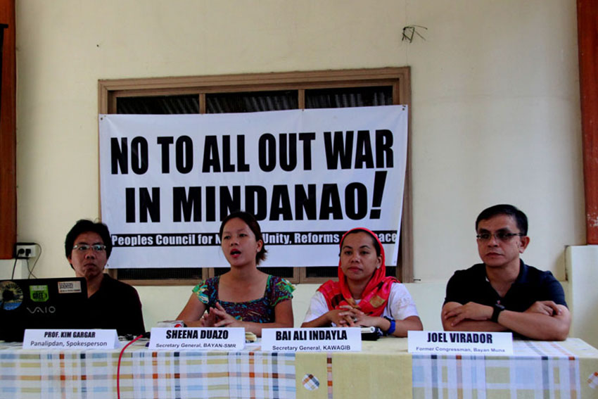Militant groups are set to embark on a peace and humanitarian mission in the areas affected by the government's all-out offensive against Moro fighters in Maguindanao province. The delegates who came from Davao City, North Cotabato and Cotabato City will leave here on Tuesday morning. Sheena Duazo, secretary general of Bagong Alyansang Makabayan said they will also distribute relief goods to the affected residents. (Johannes Paul R. Garado/davaotoday.com)