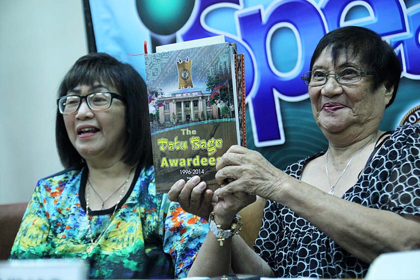 Davao City 1st District councilor Pilar Braga (L) and Marina Ruivavar (R) launches the Datu Bago book that contains the Datu Bago Awardees from 1996 to 2014.(Ace R. Morandante/davaotoday.com)