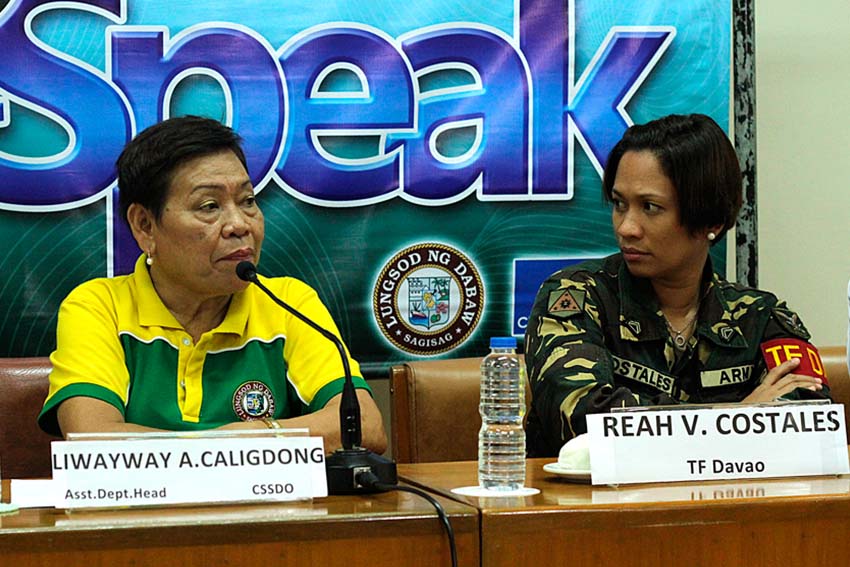 Liwayway Calindog (left), assistant chief of the City Social Services and Development Office, said they have rescued 92 minors when Mayor Rodrigo Duterte imposed the marching order to round up the minors and the homeless and to bring them to the halfway houses. Beside her is the new spokesperson of Task Force Davao, Reah Costales. (Ace R. Morandante/davaotoday.com)