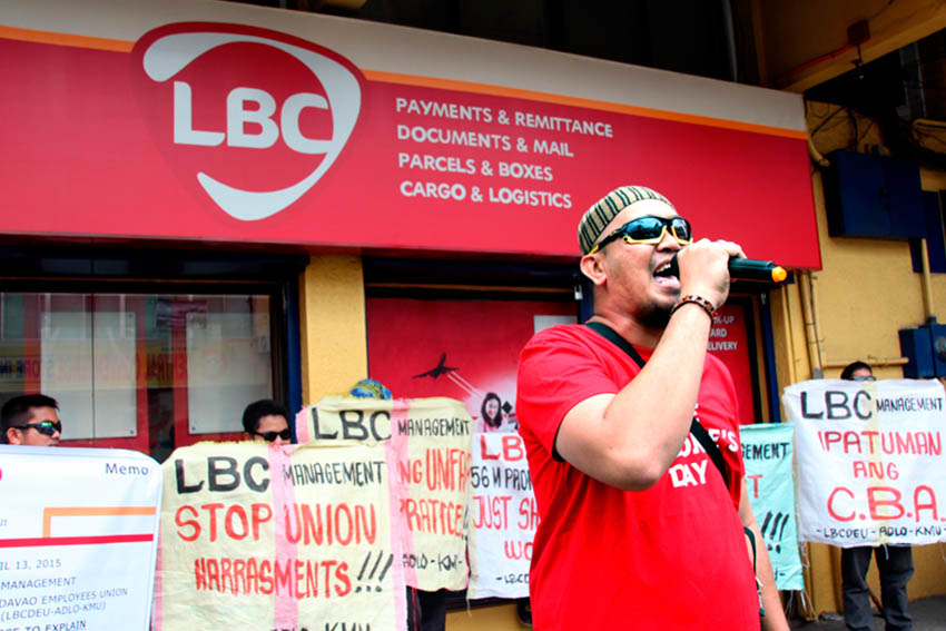 Butch Gajudo, union president of the LBC Davao Employees Union, wants the management to explain to them why they can not give the demands of workers for salary increase when it only costs 5 percent of the company's net income in two years. The workers' union protested in front of the LBC Claveria branch noon Monday.