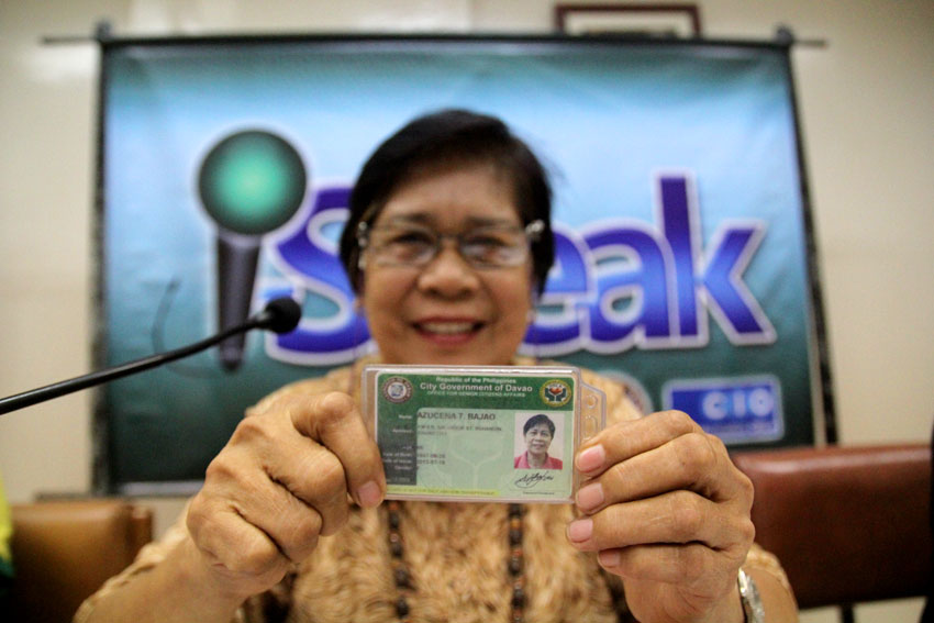 Office of the Senior Citizen Affairs chief Azucena Bajao shows to the media the latest identification card for the elderlies.  (Ace R.Morandante/davaotoday.com) 