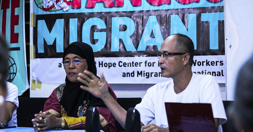 Migrante chairperson Connie Bragas Regalado retells the tale of Mary Jane Veloso, the Overseas Filipino Worker (OFW) who Migrante helped save from the Indonesian death row last April this year, during the launching of Tanggol Migrante in Davao City. Tanggol Migrante will bring Migrante Partylist's already existing services such as paralegal, medical, and psychological counselling, education of rights, among others to the OFWs and their families. (Paulo C. Rizal/davaotoday.com)