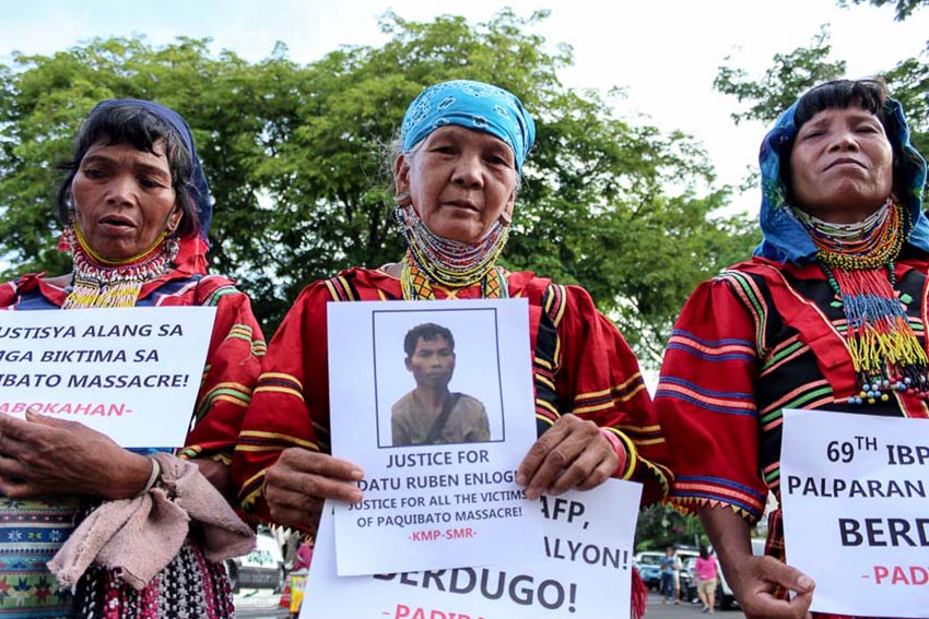 Indigenous peoples from Davao region stage an indignation rally on Monday calling for justice for the victims of the Paquibato massacre. Three civilians were dead after the Army fired upon the residence of Paquibato District Peasant Association leader, Aida Seisa on Sunday midnight. One of the victims was Datu Ruben Enlog, chairman of the Nagkahiusang Lumad nga Mag-uuma sa Paquibato (Nagkalupa). (Paulo C. Rizal/davaotoday.com)