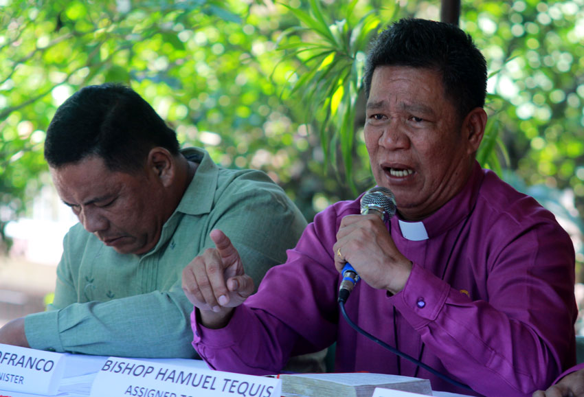 United Church of Christ in the Philippines Bishop Hamuel Tequis turns emotional during a press conference a day after their church compound was raided by the police to "rescue" Lumad evacuees inside. He said the local police and undetermined number of Army members disrespected their place which they treat as a Peace Sanctuary.(Ace R. Morandante/davaotoday.com)