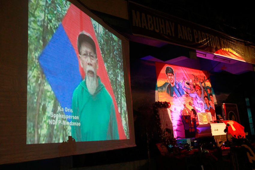 Jorge Madlos alias Ka Oris, spokesperson of the National Democratic Front, is the first to give his message to his comrade Leoncio Pitao during the Luksang Parangal (tribute) on Thursday night.(Ace R. Morandante/davaotoday.com)