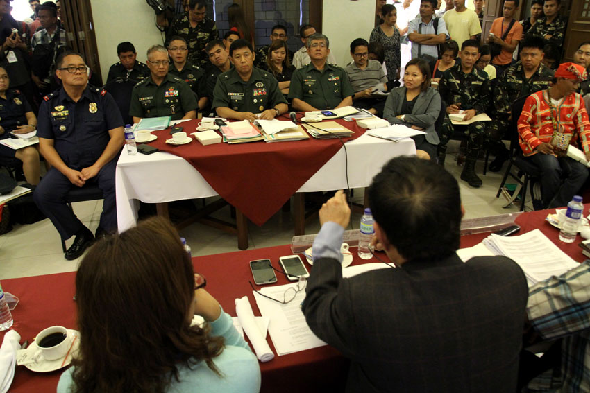 Officials of the Armed Forces' Eastern Mindanao Command are grilled by the members of the House committee on human rights on alleged abuses perpetrated by their units in the indigenous communities of Southern Mindanao Region during the second day of the committee's public hearing held in Davao City. (Ace R. Morandante/davaotoday.com)