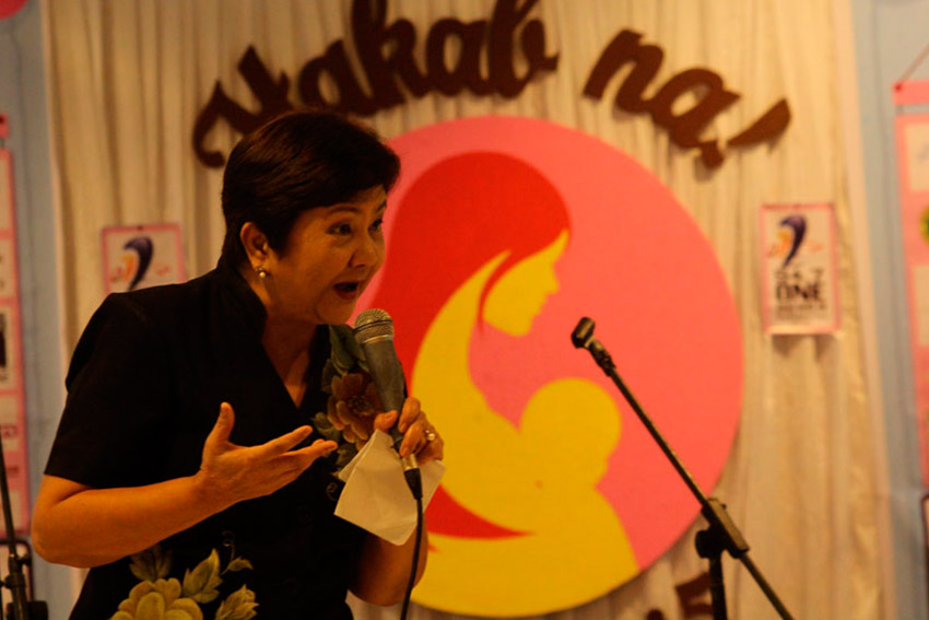 Gabriela Women's Partylist Rep. Luzviminda Ilagan shares her story of breastfeeding all her sons during Hakab Na 2015, a simultaneous breastfeeding event held at the Abreeza Mall on Saturday morning. (Ace R. Morandante/davaotoday.com)