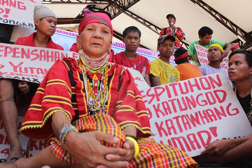 Lita Ondag, an Ata-Manobo leader of Sitio Nalubas, Barangay Palma Gil in Talaingod Davao del Norte, joins the march and rally in Davao City Monday in observance of the International Day of the World's Indigenous Peoples Day on August 9.  The Lumads are calling for the protection of their yutang kabilin (ancestral lands) and environment from corporate plunder. (Medel V. Hernani/davaotoday.com)