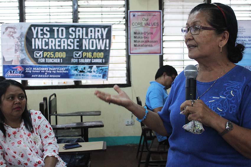 Fely F. Venus, 65 years old, a retired teacher from San Juan Central Elementary School in Davao City, remains active in pushing for salary increase of school teachers. Here she joins a consultation initiated by the Alliance of Concerned Teachers (ACT) Davao Region Union among teachers' club presidents Thursday afternoon in Davao City National High School. (Medel V. Hernani/davaotoday.com)