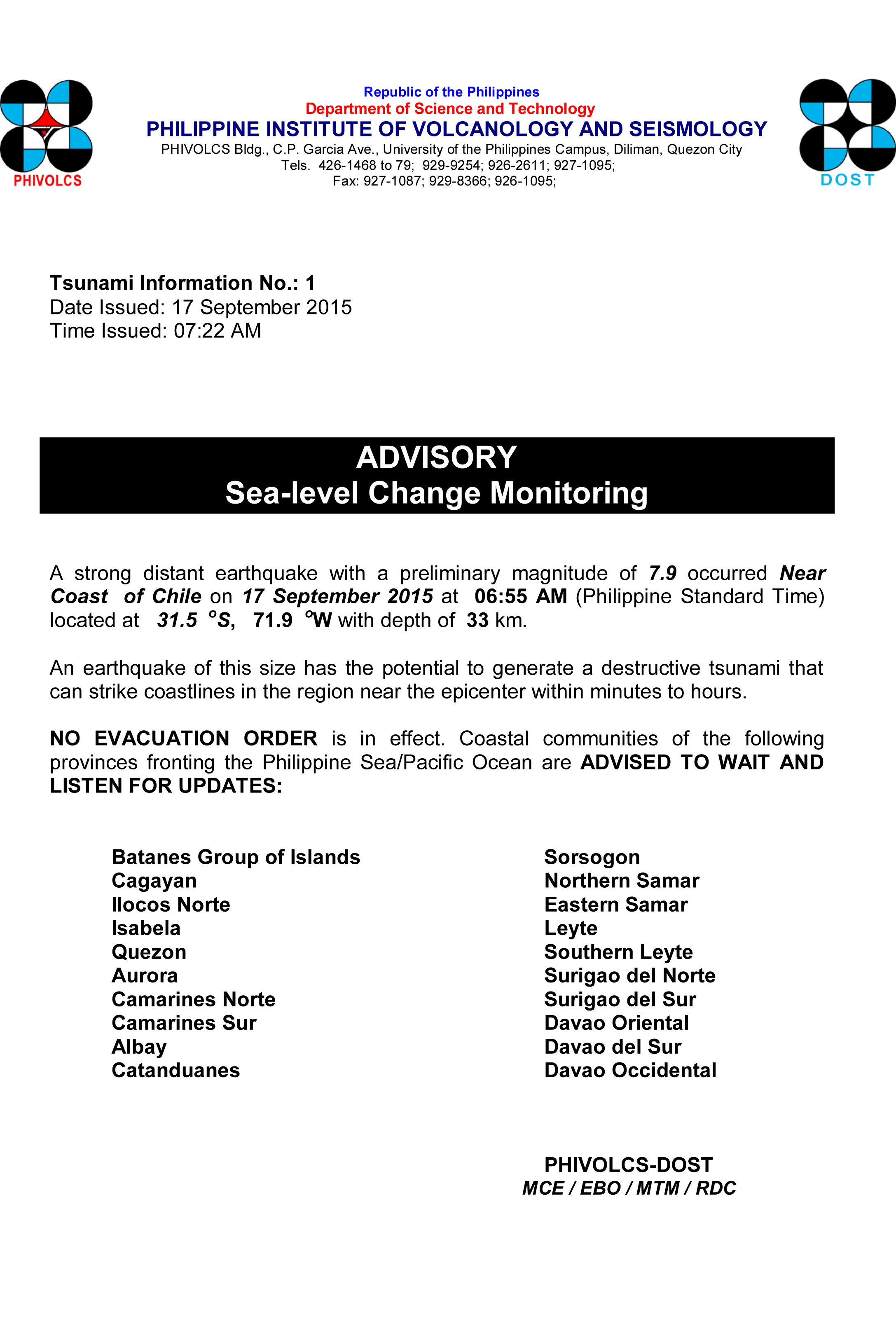 Phivolcs Tsunami Information No. 1 issued on September 17 at 6:55 PST.