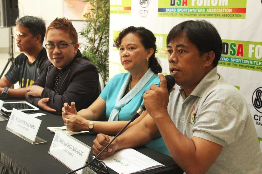 Chess arbiter Alfred Moulic says Davao City has great potential in chess. To his right, is Davao Association of Private Schools and Administrators Inc. President Judith Bacarro, Daprisa Cheer Dance Competition Coordinator Dave Curada, and Oliver Enot of St. Joseph Runners Association.(Medel V. Hernani/davaotoday.com)