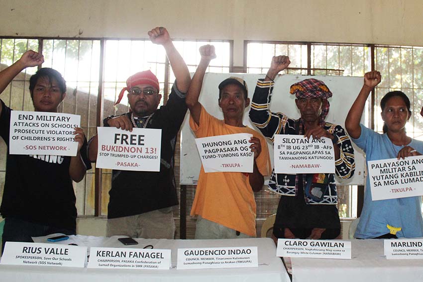 Tribal leaders and farmers demand the government to pull out the military troops from their community. (Medel V. Hernani/davaotoday.com)