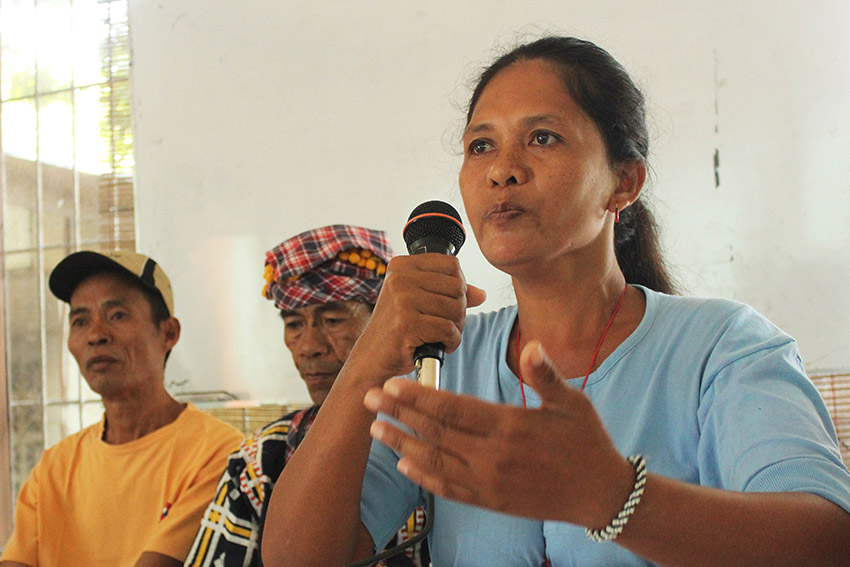 Marlinda Indao, one of the council members of Tikulpa (Tinananon, Kulamanon Lumadnong Panaghiusa sa Arakan), an association of indigenous peoples farmers in Arakan, North Cotabato, narrates her experience during the Army's arrival in Barangay White Culaman, Kitaotao, Bukidnon on August 28. She said they were restricted to tend their farms and the military branded them as supporters of the New People's Army. (Medel V. Hernani/davaotoday.com)