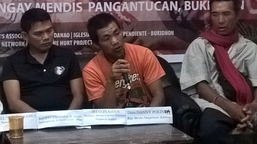 (From left) The 15-year old survivor (not shown), and son of one of the victims during the killing of five alleged rebels in Pangantucan,Bukidnon, Herminio Samia, appears before the members of the press to tell how the Army killed his family last August 18. He is joined by Fr. Christopher Ablon, spokesperson of Karapatan, Ireo Inahan, president of the Manobo Farmers’ Association and Datu Danny Polinda from BarangayMendis. (Photo contributed by Ron Clarion)
