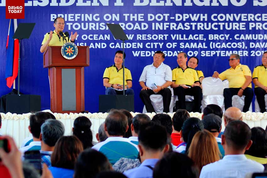 President Benigno Aquino III during his speech at the Department of Tourism and Department of Public Works and Highways convergence program for the Island Garden City of Samal circumferential road  which will be completed in January 2016. The program was held at the Holiday Ocean View in Barangay Camudmud, Igacos. (Ace R. Morandante/davaotoday.com)