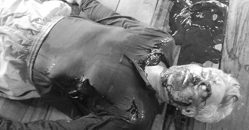 Samarca was last seen tied around the neck and extremities, neck was slit open and with a stab wound in his left side in one of the classrooms of ALCADEV. (Photo from Karapatan sa Caraga facebook account)