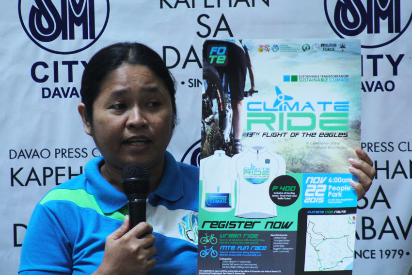 BIKE RIDE. Mary Ann Fuertes, Executive Director of Interface Development Interventions, Inc., invites all bikers for the 13th Flight of the Eagles, an annual event wherein cyclists from Davao City and other neighboring provinces gather to campaign for sustainable climate. The event will be held on November 22. (Ace R. Morandante/davaotoday.com)