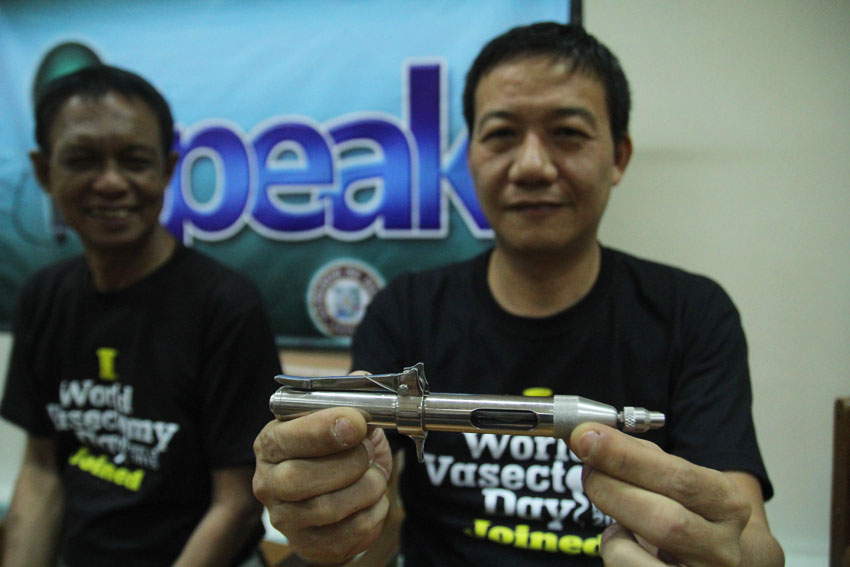 Dr. Sam Cruz, assistant City Health officer shows the new technology for vasectomy called "Madajet" that does not use a scapel and needle. The country observes the World Vasectomy Day on Friday. (Ace R. Morandante/davaotoday.com)