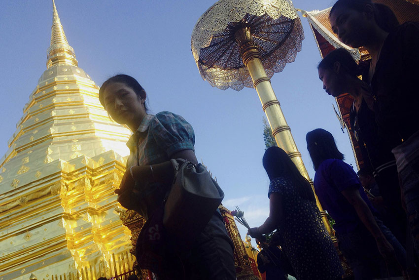 STUPA PAGODA. The Stupa pagoda (Golden Chedi) of the Wat Phrathat Doi Suthep glimmers in gold, its spire engraved with gold plates and stands 79 feet high. It is where worshippers and monks go to meditate.