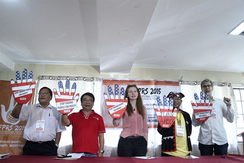 Groups against Asia Pacific Economic Cooperation (APEC)  believe it will not deliver its promises of development but will "push people to hunger and death".  The groups held a press conference on Tuesday with (from left) Antonio Tujan, Jr of IBON International, Bayan Muna Representative Neri Colmenares,  Asia Pacific Forum for Women, Law, and Development Kate Lappin, Manilakbayan 2015 spokesperson Datu Jomorito Goaynon, and the newly-elected secretary general of International League for People's Struggles Malcolm Guy. The group will be holding a big mobilization against APEC on Thursday. (Earl O. Condeza/davaotoday.com)