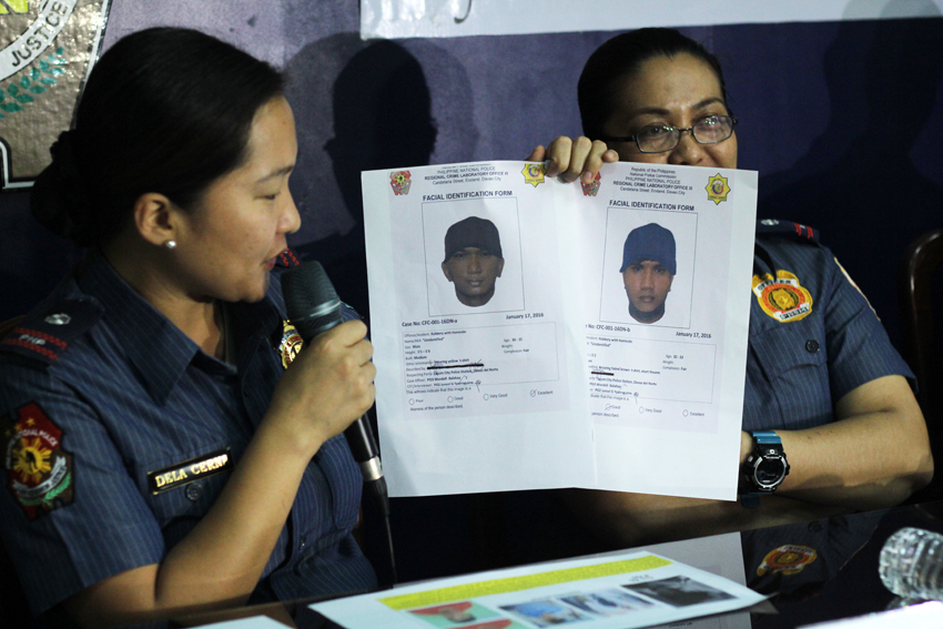 Police Chief Inspector Andrea dela Cerna, Police Regional Office XI spokesperson presents the computerized composite sketch of two of the nine suspects in the jewelry robbery in a Tagum shopping mall last January 16 of this year. (Ace R. Morandante/davaotoday.com)