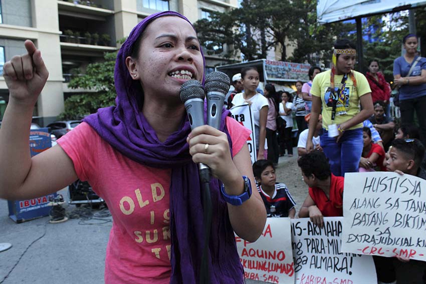 Bai Ali Indayla, a nominee of the Gabriela Women's Partylist Bai condemns the killing of the Grade 3 Manobo student, Alinbando Tingkas, who was killed on Sunday by a suspected member of the paramilitary group Alamara in Sitio Laslasakan, Barangay Palma Gil, Talaingod, Davao del Norte province. (Medel V. Hernani/davaotoday.com)