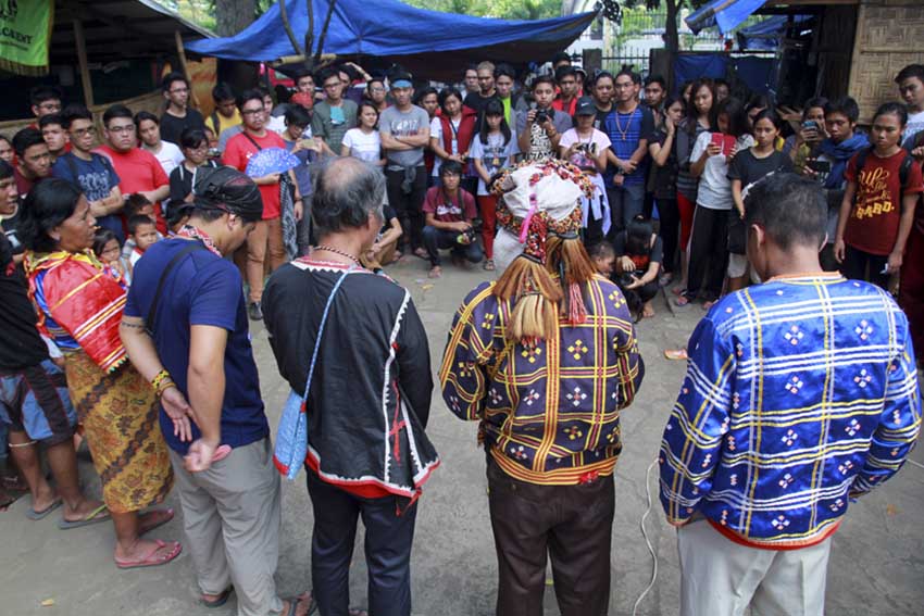 After a press conference, student leaders and campus journalists from the University of the Philippines, who visited the indigenous peoples evacuees in a church compound in Davao City on Wednesday, join a Panubadtubad ritual done by Lumad leaders. The ritual was said to be an offer for the safe journey of the students. (Ace R. Morandante/davaotoday.com)