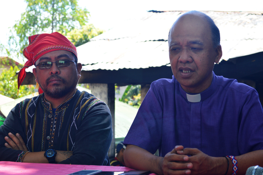 UCCP Bishop Modesto Villasanta (right) condemns the burning of their church dormitory and the evacuation camp that injured some Lumad evacuees and traumatized their student boarders and their staff last Wednesday, February 24.(Noveah May Simbajon/davaotoday.com) 