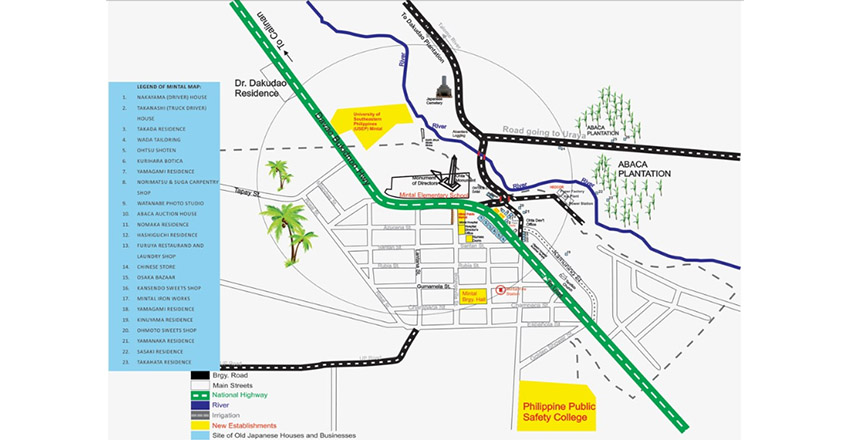 The map shows the present development in Barangay Mintal, Davao City. Some old Japanese markers, dilapidated old style Japanese houses including the Ohta Kyosaburo Monument and the Japanese Cemetery can still be seen in the area which are often visited by Japanese tourists. (photo from:   http://www.davaocity.gov.ph/dcipc/newsimages/July-AugustNewsletter20141007124646.pdf)