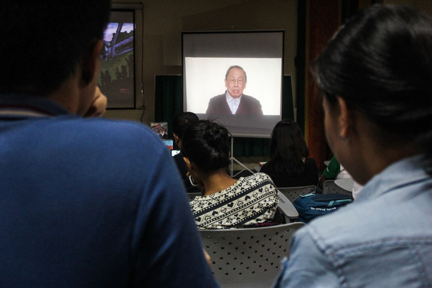 THE PROFESSOR. Students and faculty from the University of the Philippines Mindanao listen to Jose Maria Sison's speech during the launching of his book "Crisis Generates Resistance" and of the graphic novel, "Louie Jalandoni: Revolutionary" on Monday, February 22. (Paulo C. Rizal/davaotoday.com)